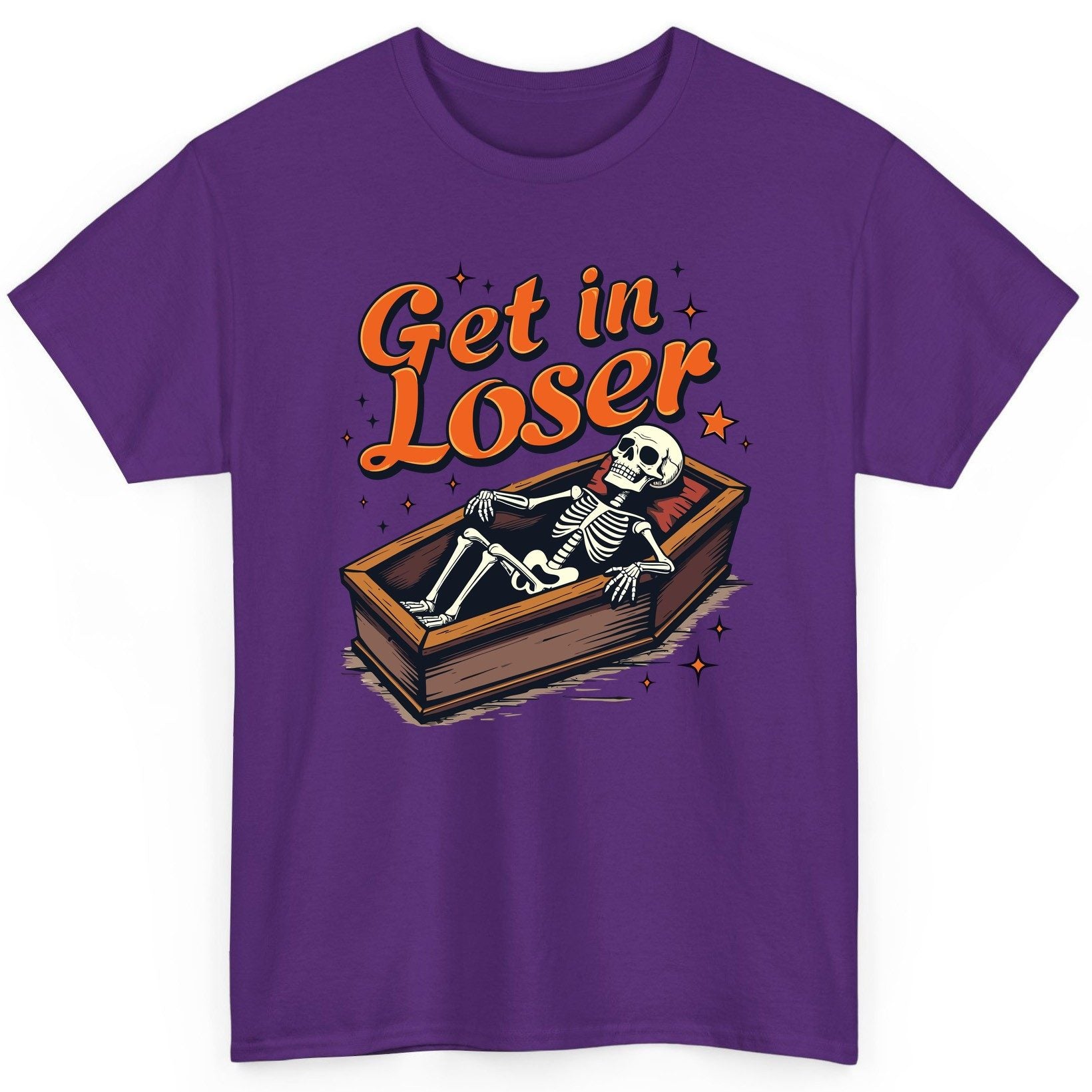 Get in Loser skeleton in coffin T-Shirt Purple product mockup