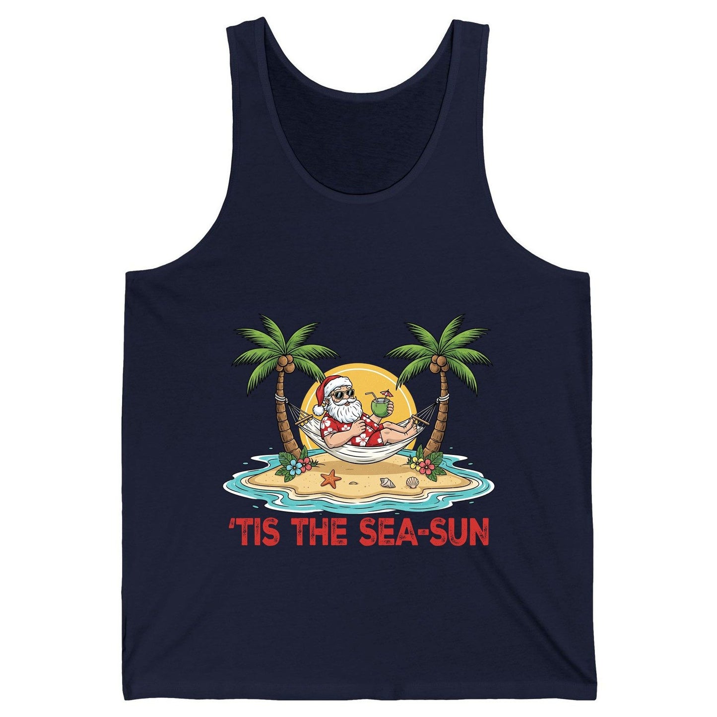 'Tis the Sea-Sun santa claus on a tropical vacation Tank Top Navy product mockup