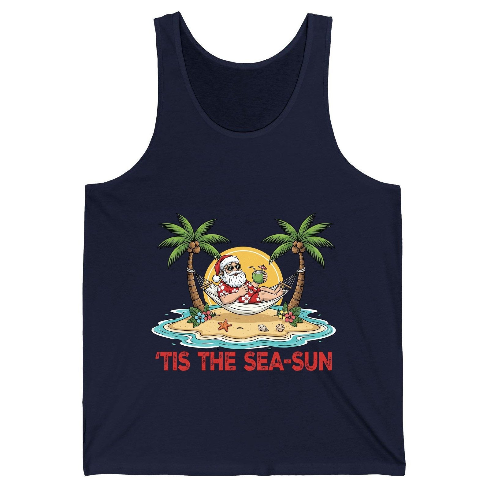 'Tis the Sea-Sun santa claus on a tropical vacation Tank Top Navy product mockup