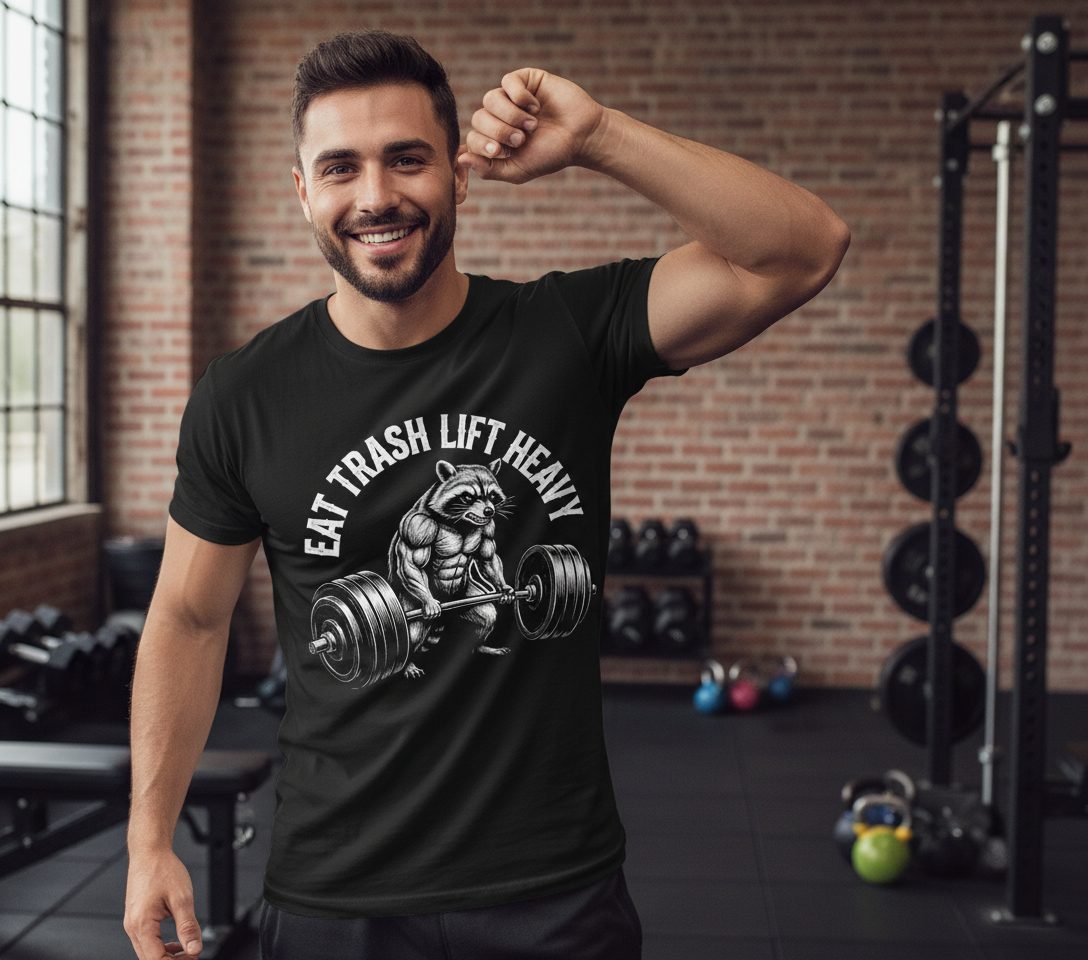 Eat Trash Lift Heavy raccoon T-Shirt Black lifestyle mockup