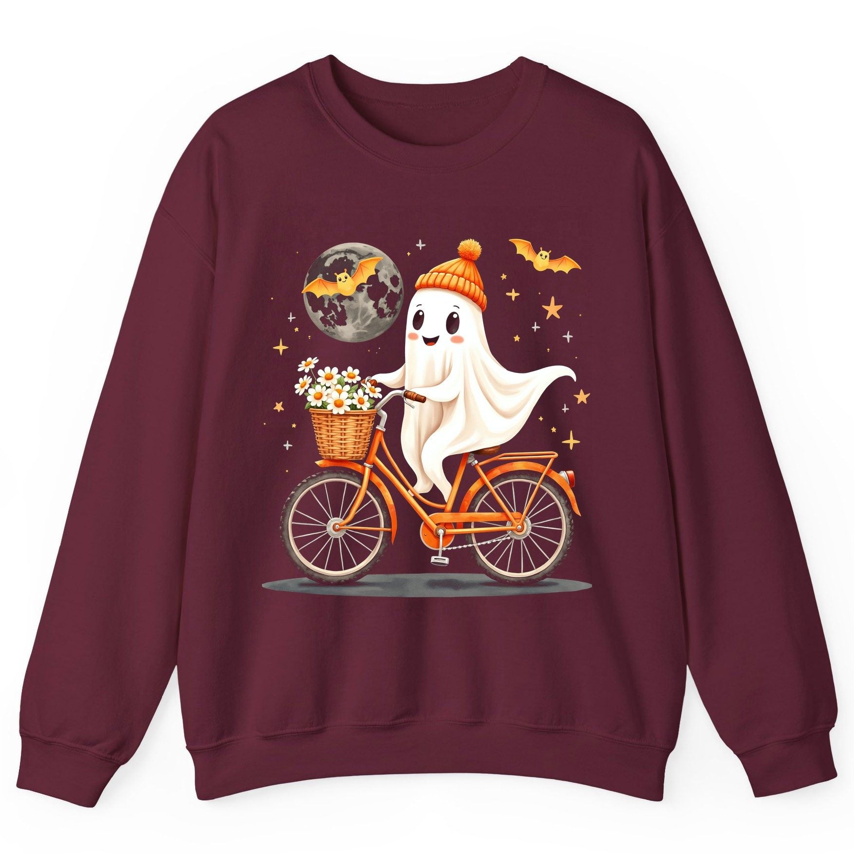 Cute Ghost on Bicycle cute ghost Sweatshirt Maroon product mockup