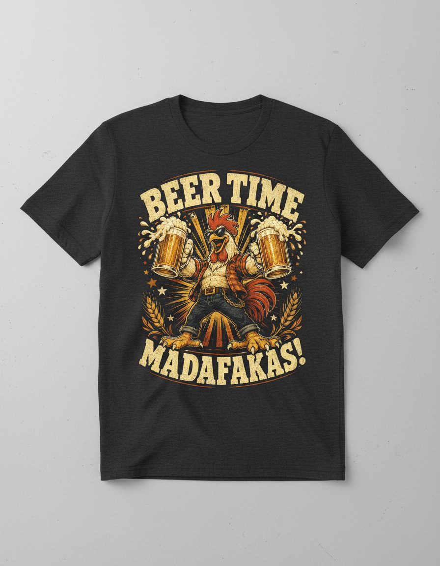 Beer Time Madafakas Funny Rooster T-Shirt - product mockup - Dark Heather