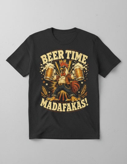 Beer Time Madafakas Funny Rooster T-Shirt - product mockup - Dark Heather