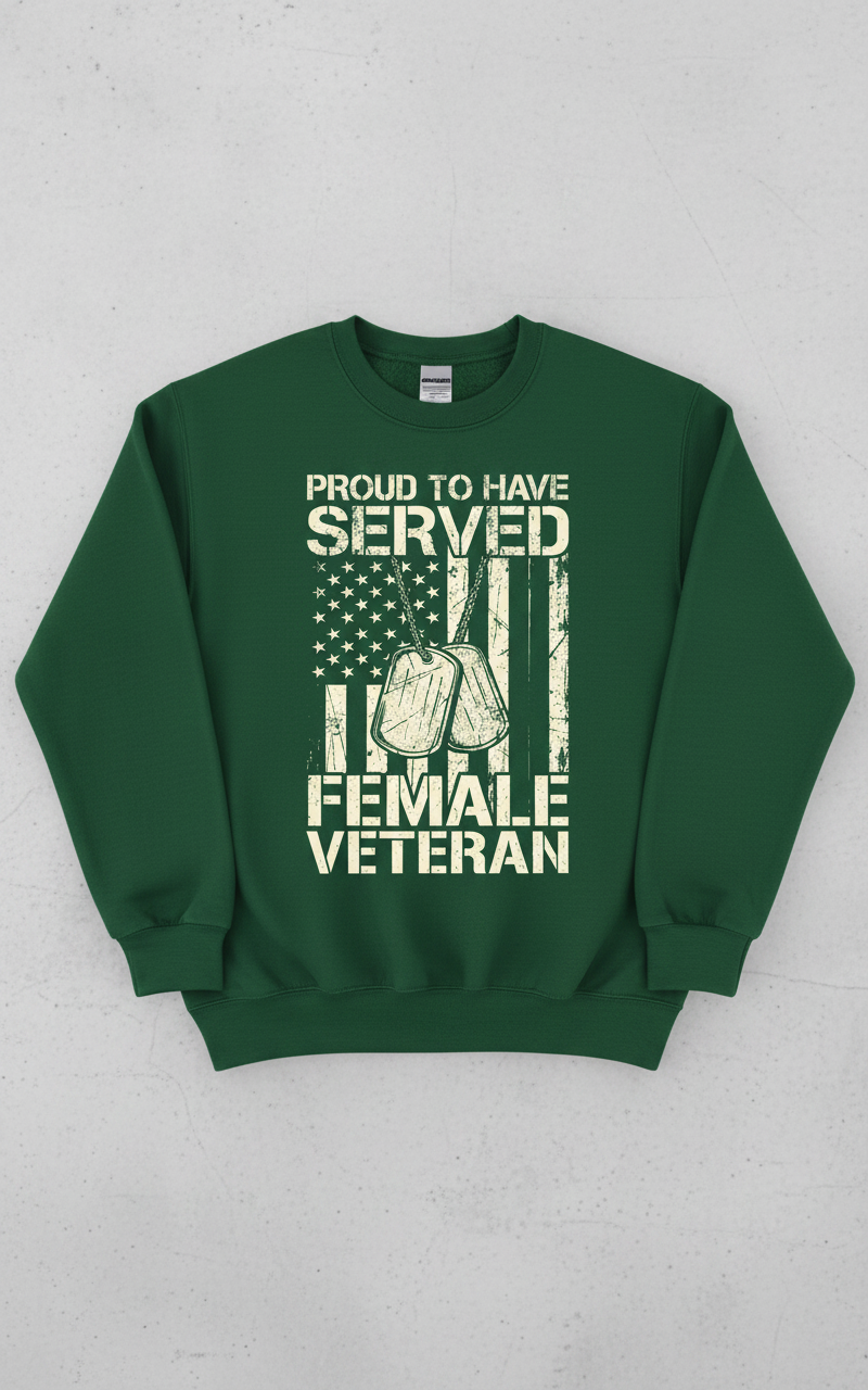Proud Female Veteran American Flag Dog Tags Design Sweatshirt - Forest Green