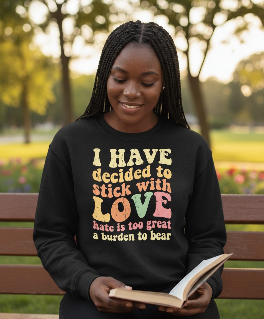 I Have Decided to Stick with Love Hate Is Too Great a Burden to Bear love and kindness Sweatshirt Black lifestyle mockup