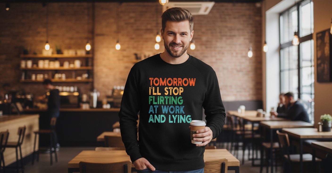 Tomorrow I'll Stop Flirting at Work and Lying Seriously workplace humor Sweatshirt Black lifestyle mockup
