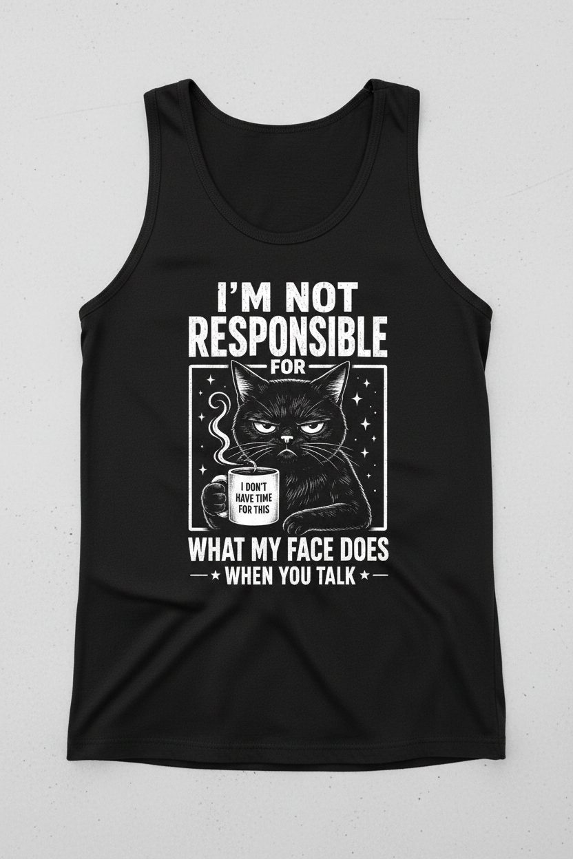 I'm Not Responsible for What My Face Does When You Talk Funny Sarcastic Cat Tank Top - product mockup - Black