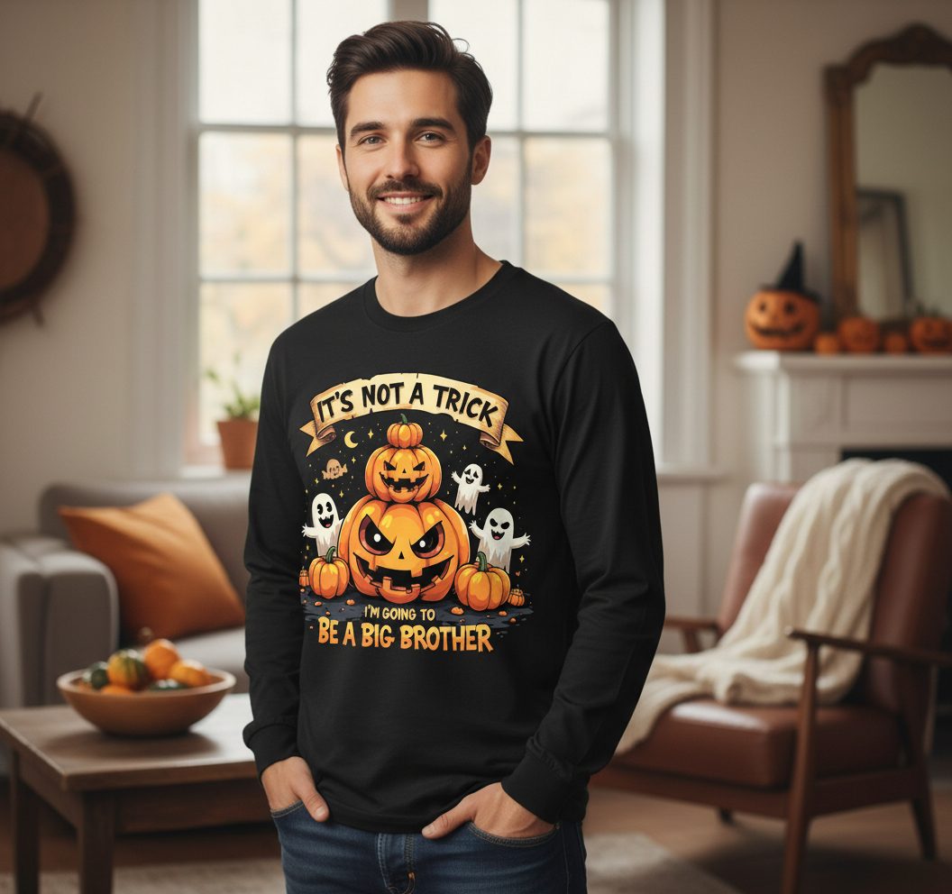 It's Not a Trick I'm Going to Be a Big Brother Halloween pregnancy announcement Long Sleeve Tee Black lifestyle mockup