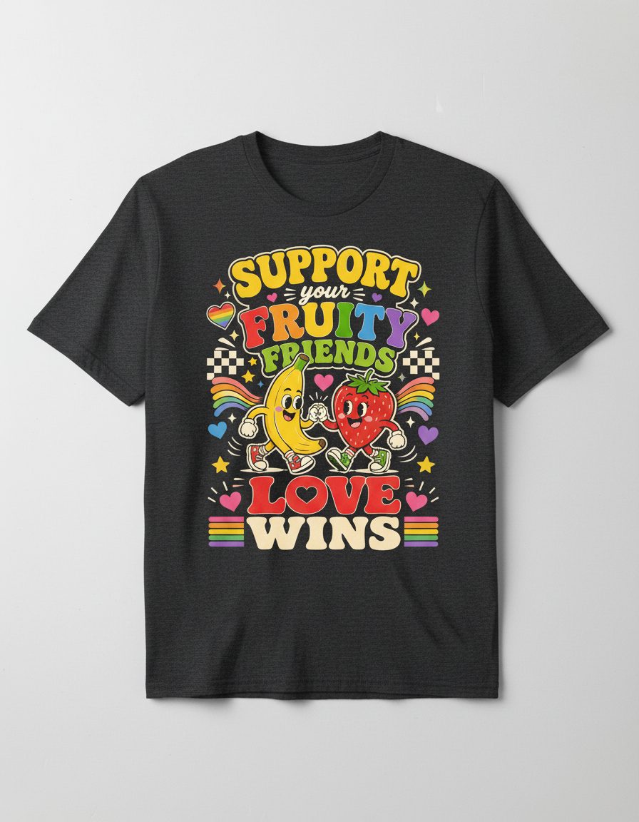 Support Your Fruity Friends Love Wins Retro Lgbtq+ Pride T-Shirt - product mockup - Dark Heather
