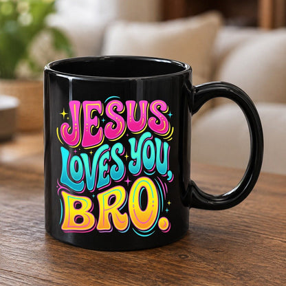 JESUS LOVES YOU BRO Retro Christian Black Mug - product mockup - Black