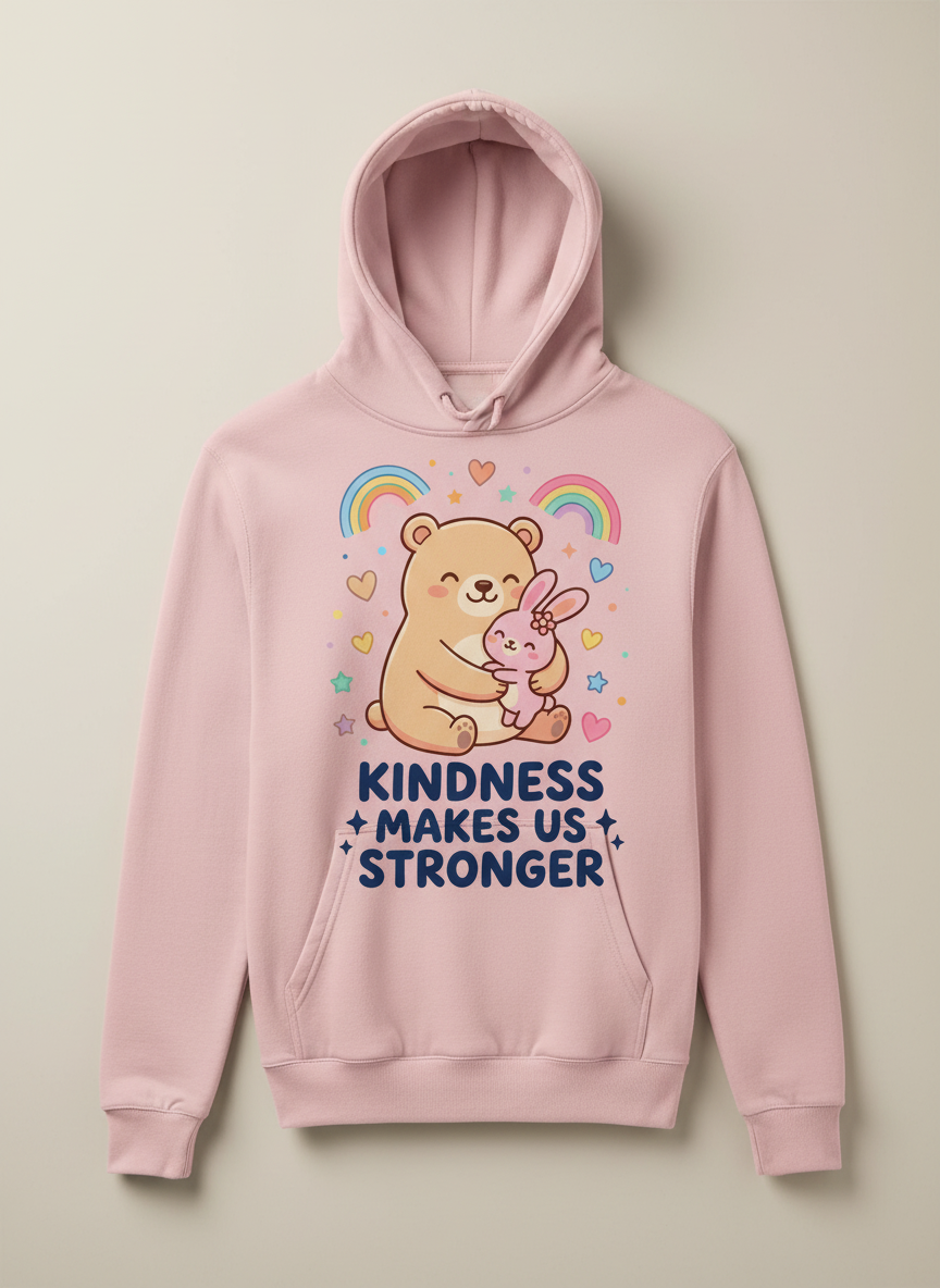 Cute Bear and Bunny Hug Kindness Makes Us Stronger Design Hoodie - Light Pink