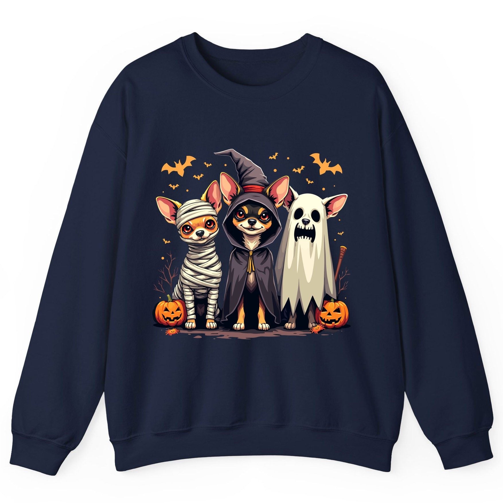 Chihuahua Halloween Costumes chihuahua dogs in Halloween costumes Sweatshirt Navy product mockup