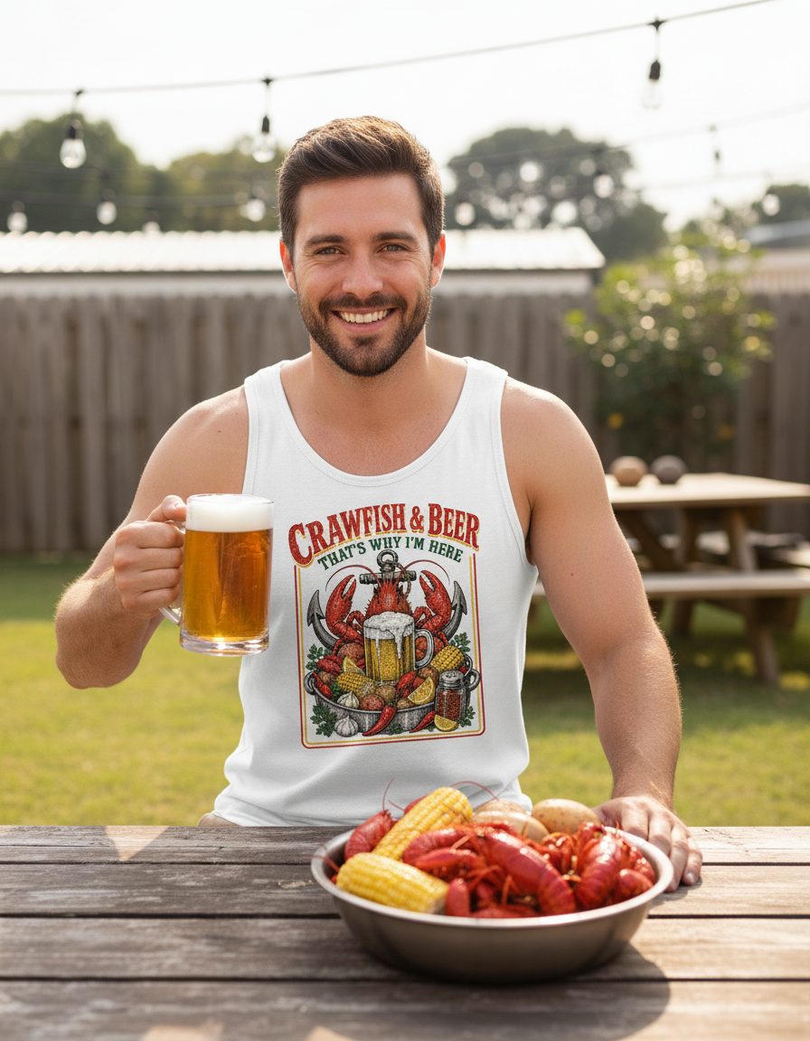 Crawfish & Beer That's Why I'm Here Retro Boil Tank Top - lifestyle model mockup - White