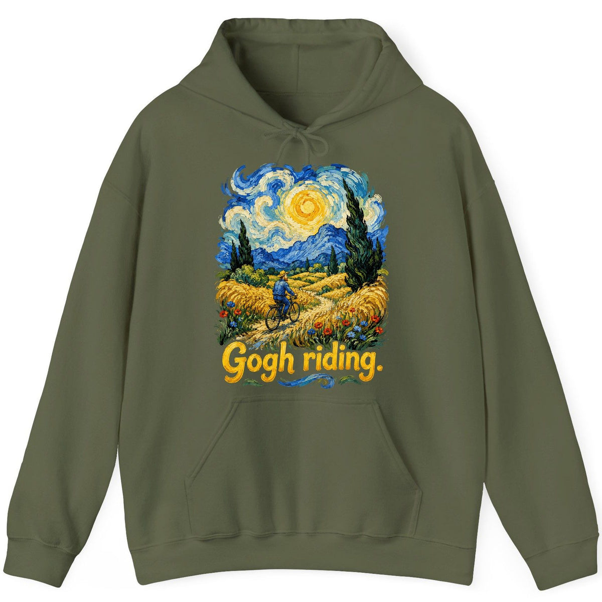 Gogh Riding van gogh art parody Hoodie Military Green product mockup
