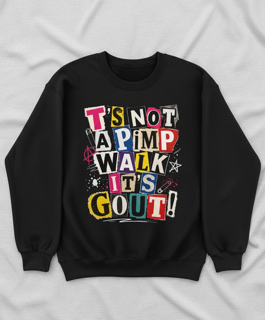 T's Not a Pimp Walk It's Gout Funny Humor Sweatshirt - product mockup - Black