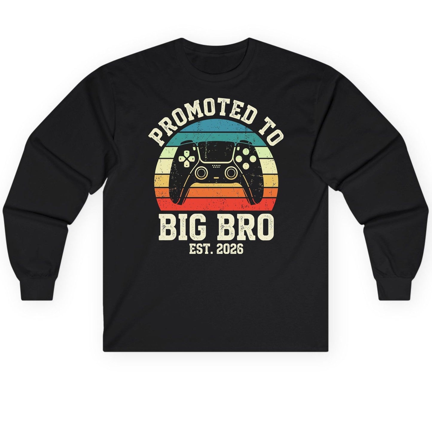 Promoted TO BIG BRO EST 2026 Retro Gaming Long Sleeve Tee - product mockup - Black