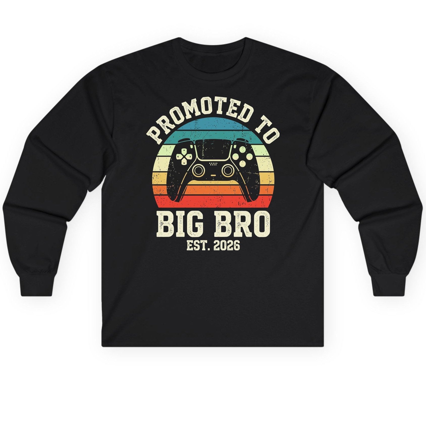 Promoted TO BIG BRO EST 2026 Retro Gaming Long Sleeve Tee - product mockup - Black