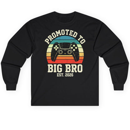 Promoted TO BIG BRO EST 2026 Retro Gaming Long Sleeve Tee - product mockup - Black