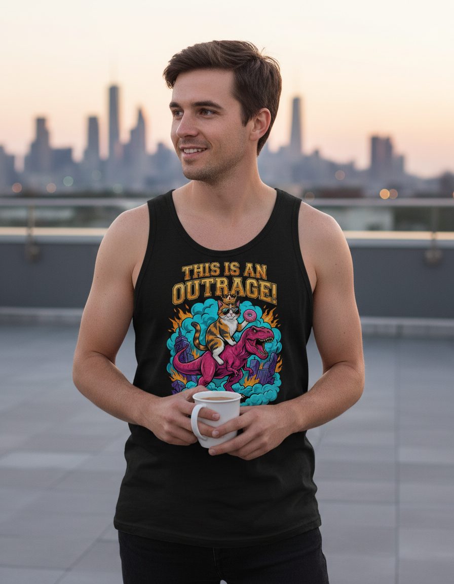 THIS IS AN OUTRAGE! Cat riding a T-Rex Tank Top Black lifestyle mockup