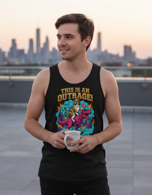 THIS IS AN OUTRAGE! Cat riding a T-Rex Tank Top Black lifestyle mockup