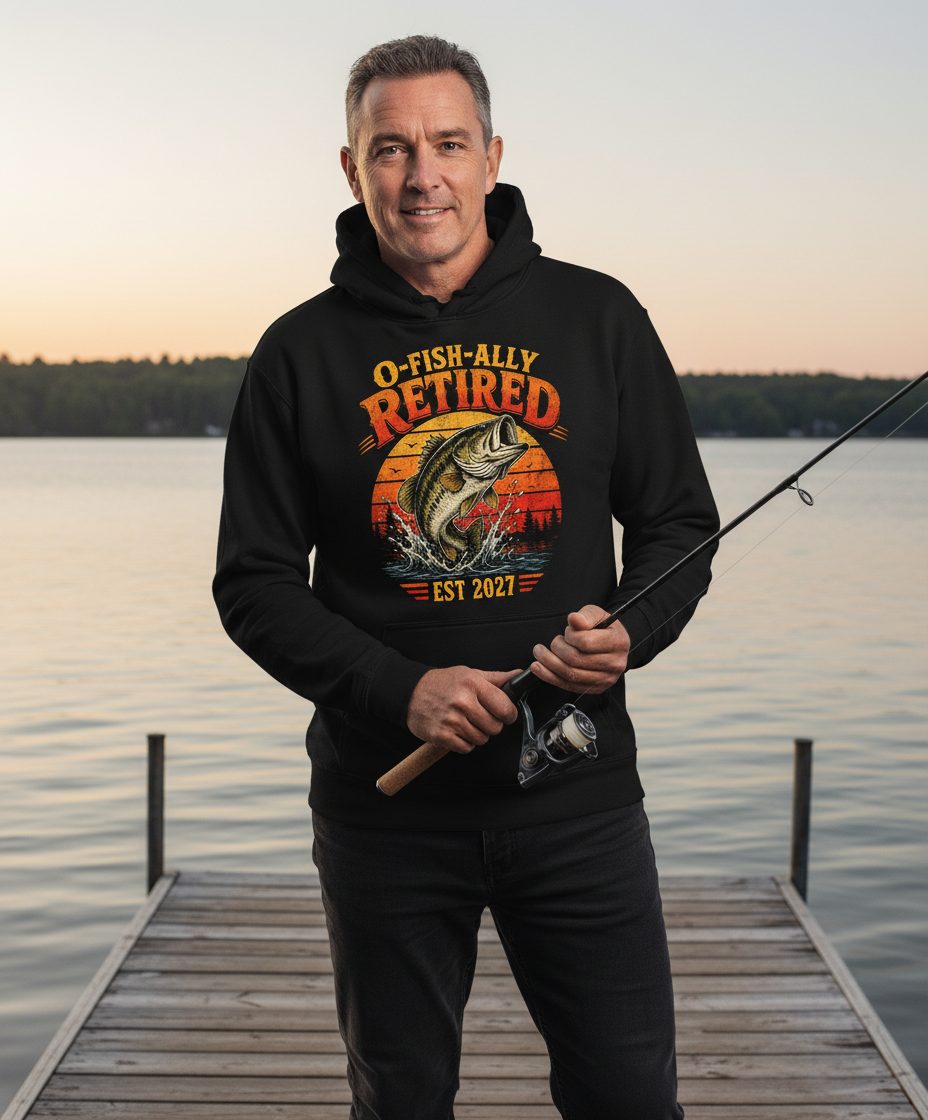 O-Fish-Ally Retired EST 2027 Funny Fishing Hoodie - lifestyle model mockup - Black