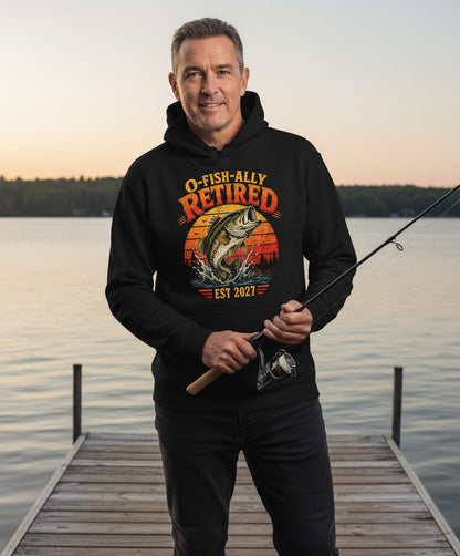 O-Fish-Ally Retired EST 2027 Funny Fishing Hoodie - lifestyle model mockup - Black