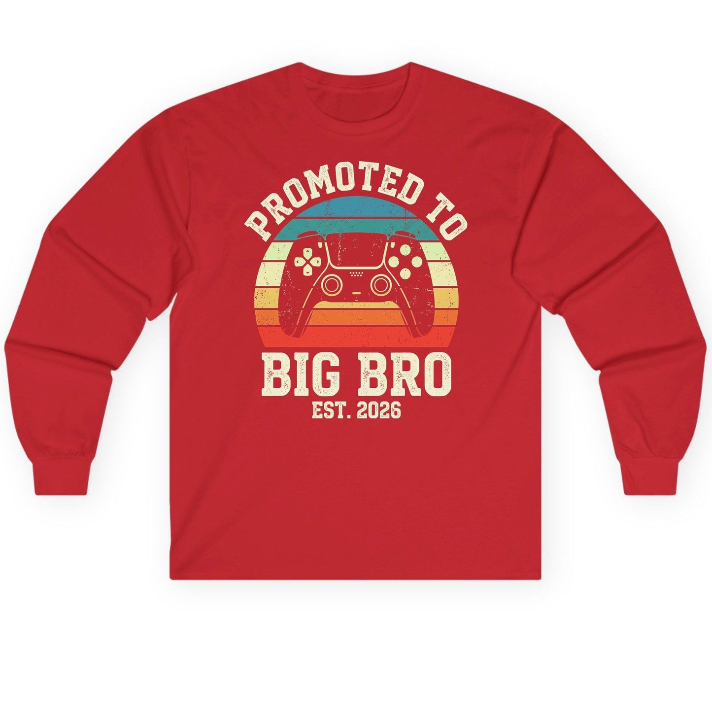 Promoted TO BIG BRO EST 2026 Retro Gaming Long Sleeve Tee - product mockup - Red