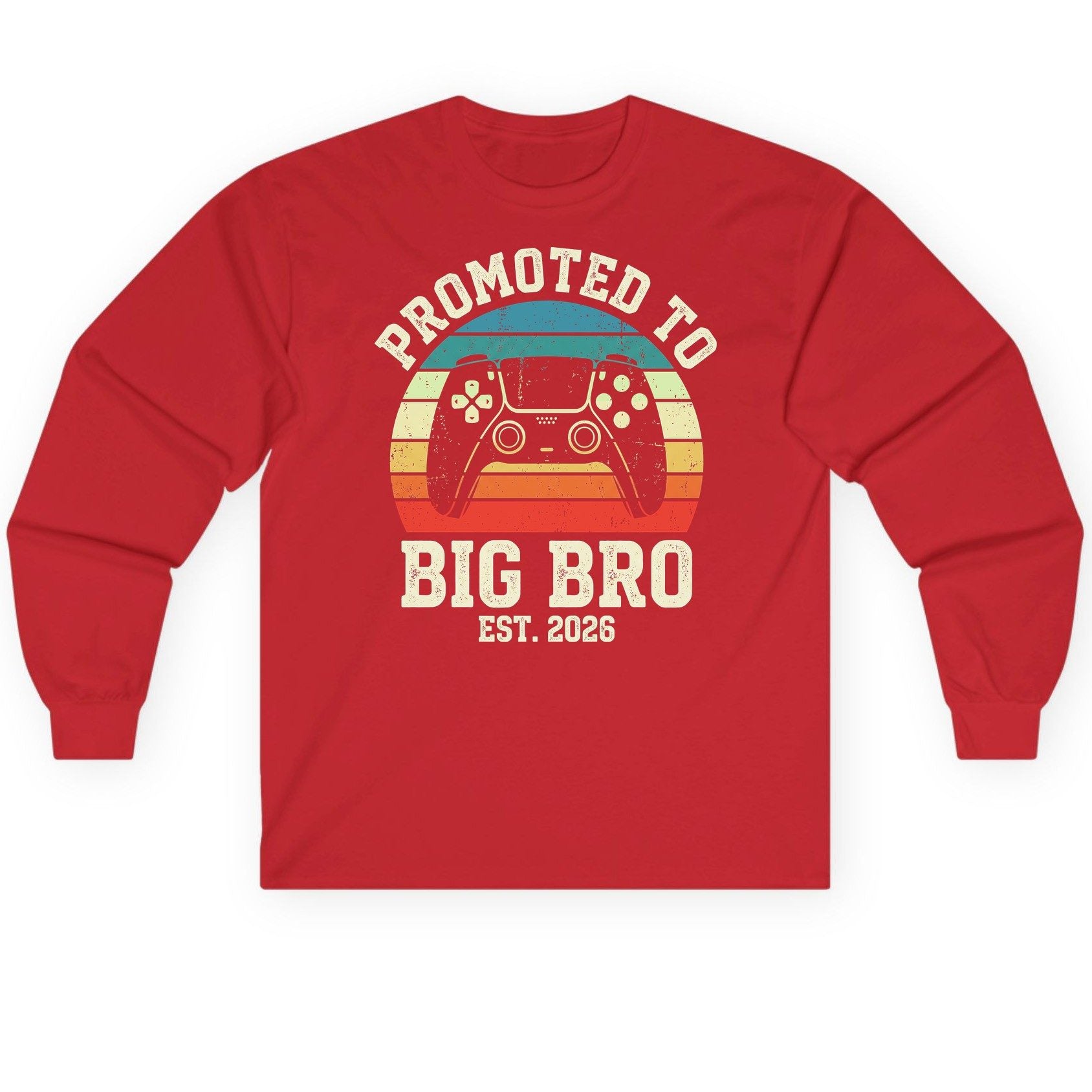 Promoted TO BIG BRO EST 2026 Retro Gaming Long Sleeve Tee - product mockup - Red