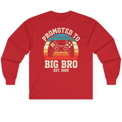 Promoted TO BIG BRO EST 2026 Retro Gaming Long Sleeve Tee - product mockup - Red