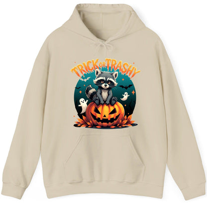 Trick or Trashy Halloween raccoon Hoodie Sand product mockup