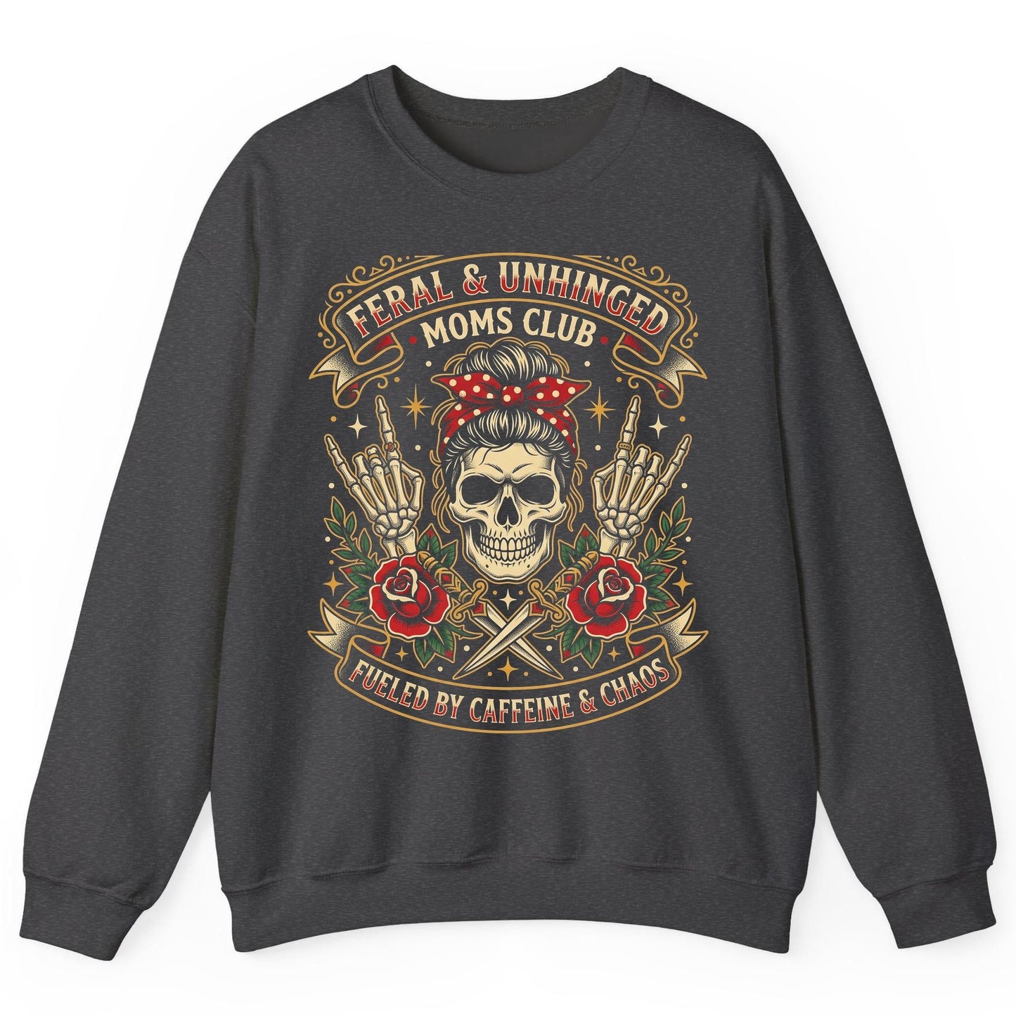 Feral & Unhinged Moms Club Fueled by Caffeine & Chaos Sweatshirt - product mockup - Dark Heather