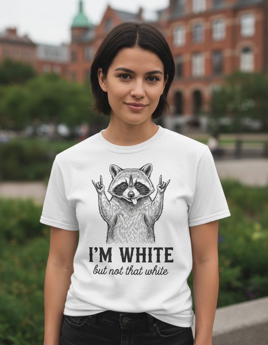 I'M WHITE but Not That White Funny Raccoon T-Shirt - lifestyle model mockup - White