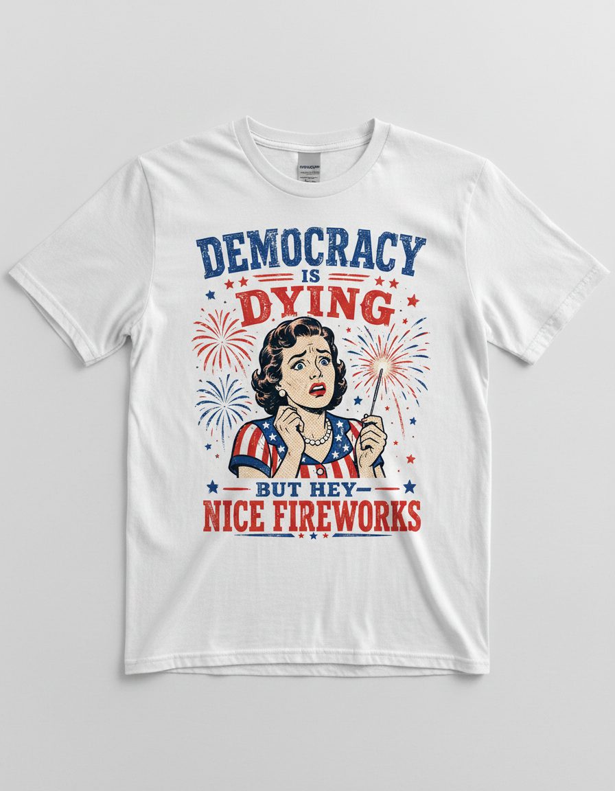 Democracy Is Dying but Hey Nice Fireworks T-Shirt - product mockup - White