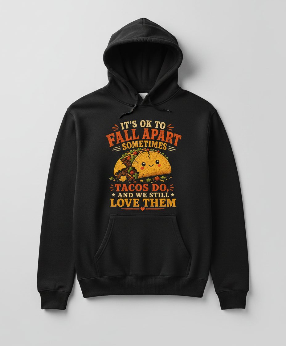 IT'S OK TO FALL APART Sometimes TACOS DO AND WE STILL LOVE THEM Hoodie - product mockup - Black