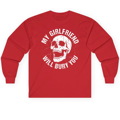 My Girlfriend Will Bury You skull Long Sleeve Tee Red product mockup