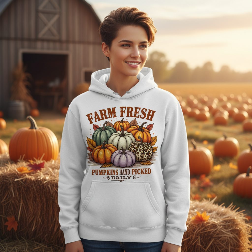 Farm Fresh Pumpkins Hand Picked Daily autumn pumpkins Hoodie White lifestyle mockup