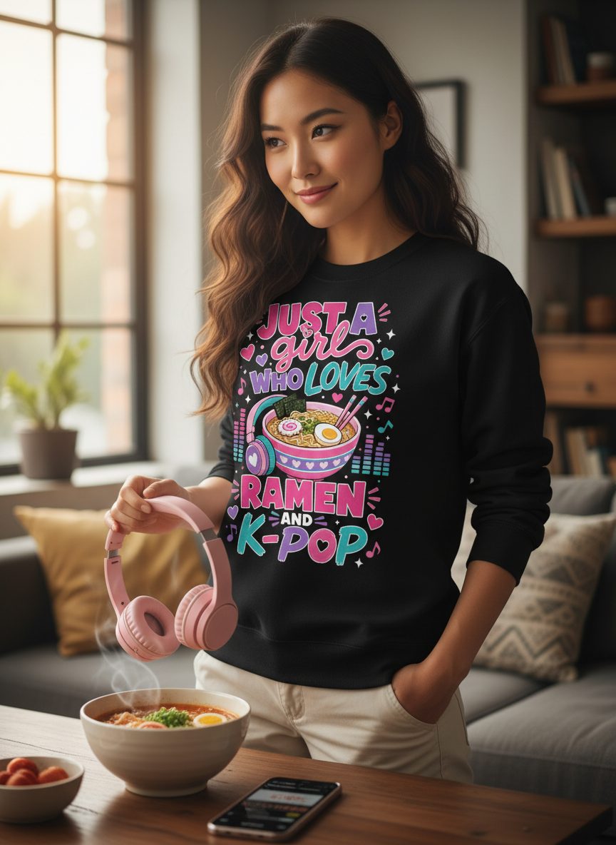 Just a Girl Who Loves Ramen and K-Pop and Ramen Sweatshirt - lifestyle model mockup - Black