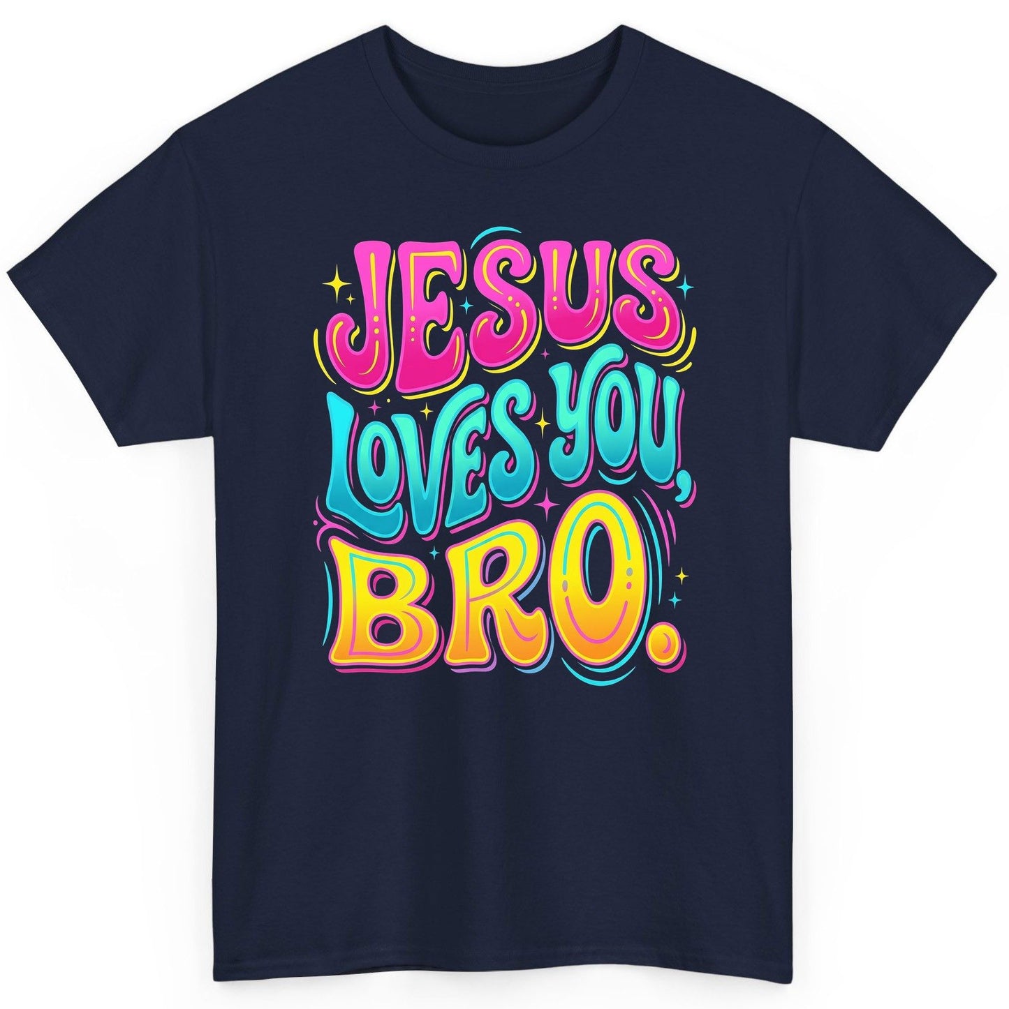 JESUS LOVES YOU BRO Retro Christian T-Shirt - product mockup - Navy