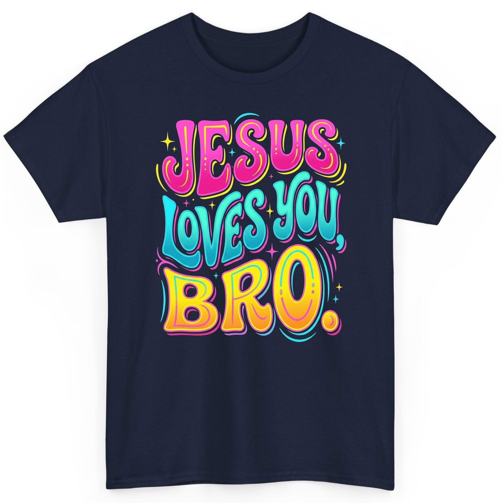 JESUS LOVES YOU BRO Retro Christian T-Shirt - product mockup - Navy