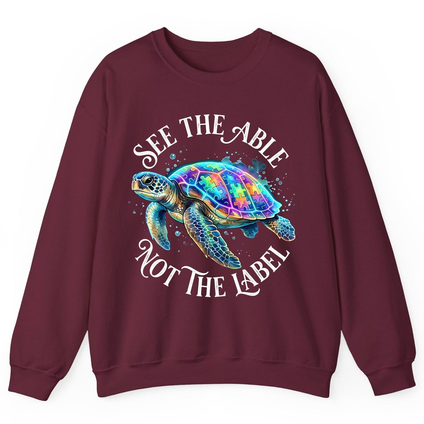 See the Able Not the Label Autism Awareness Sweatshirt - product mockup - Maroon