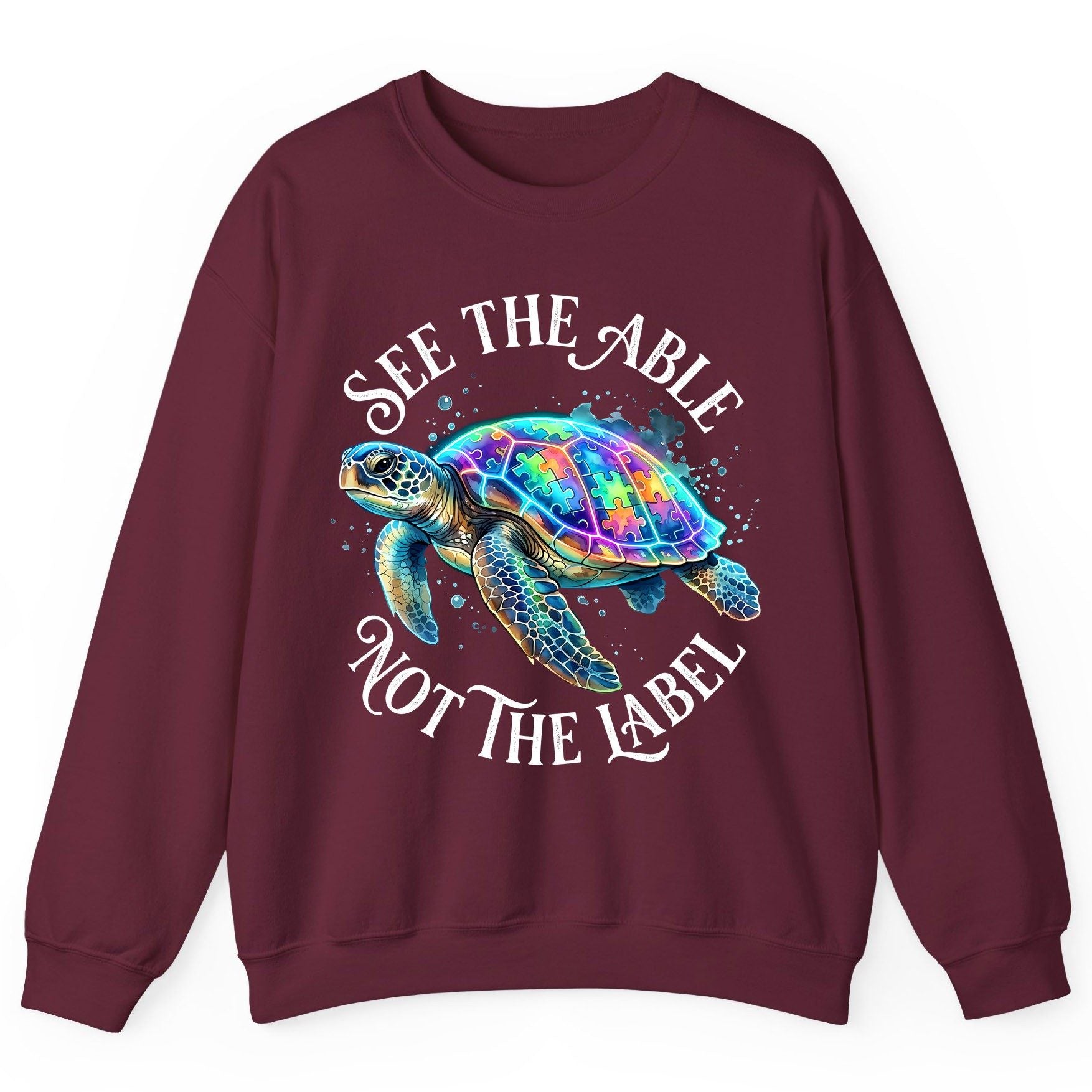 See the Able Not the Label Autism Awareness Sweatshirt - product mockup - Maroon