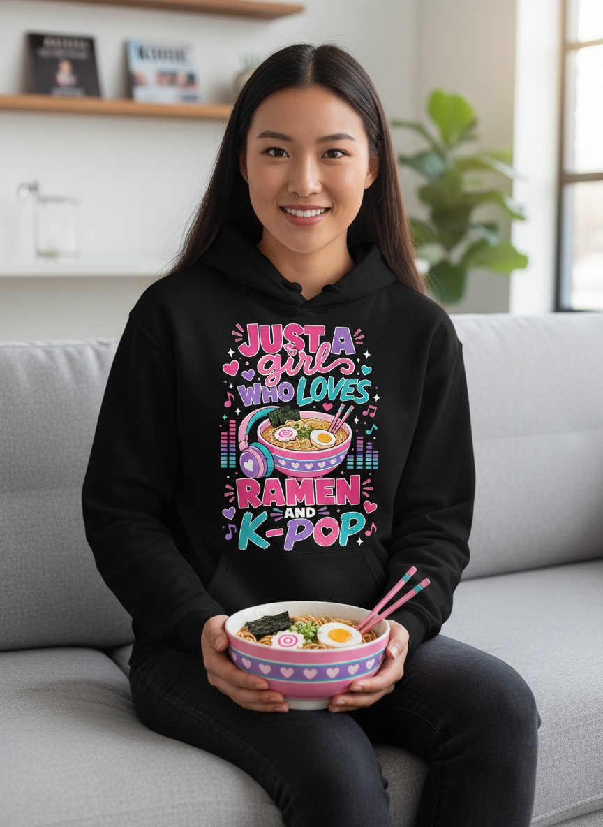 Just a Girl Who Loves Ramen and K-Pop and Ramen Hoodie - lifestyle model mockup - Black