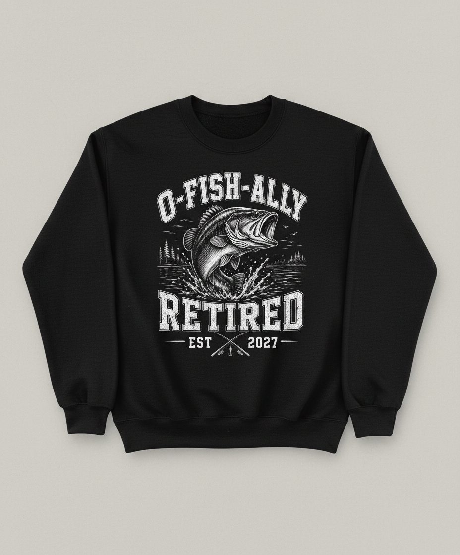 O-Fish-Ally Retired EST 2027 Funny Fishing Sweatshirt - product mockup - Black