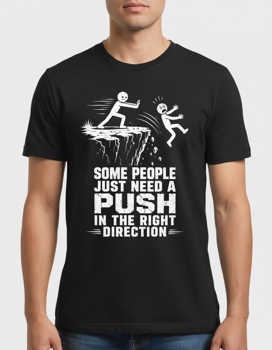 Some People Just Need a Push in the Right Direction Funny Dark Humor T-Shirt - product mockup - Black