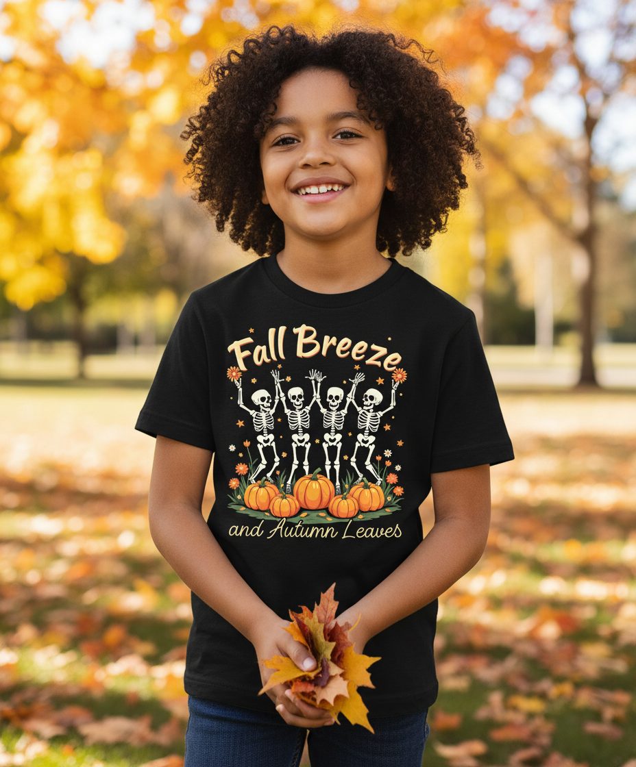 Fall Breeze and Autumn Leaves dancing skeletons Youth T-Shirt Black lifestyle mockup