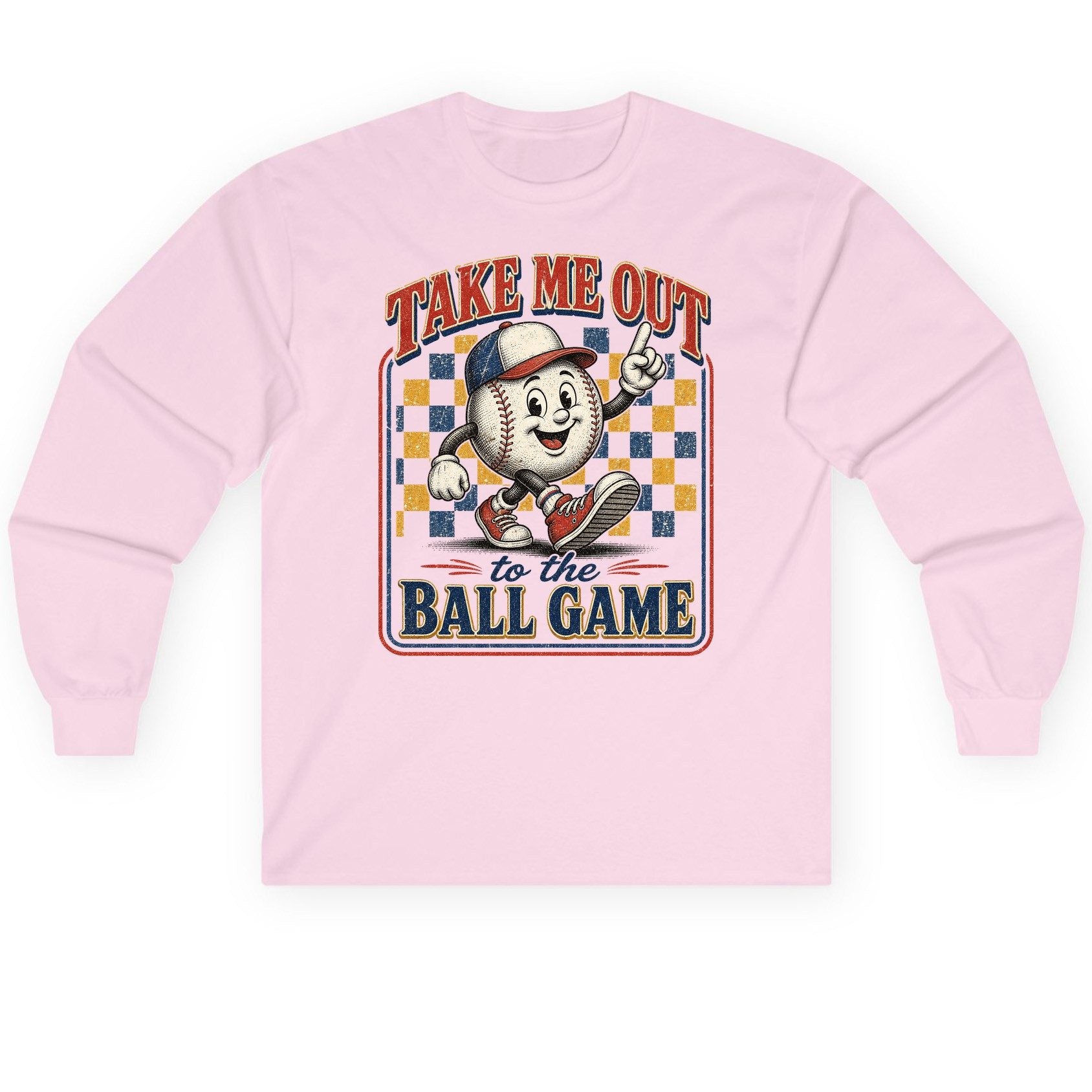 Take Me Out to the Ball Game Retro Baseball Long Sleeve Tee - product mockup - Light Pink