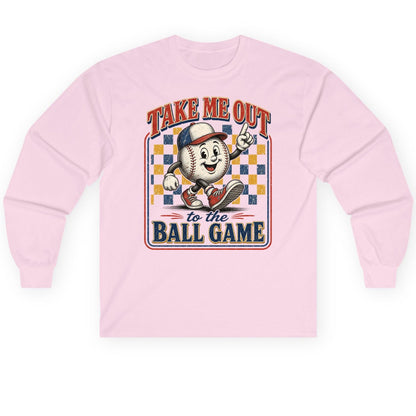 Take Me Out to the Ball Game Retro Baseball Long Sleeve Tee - product mockup - Light Pink