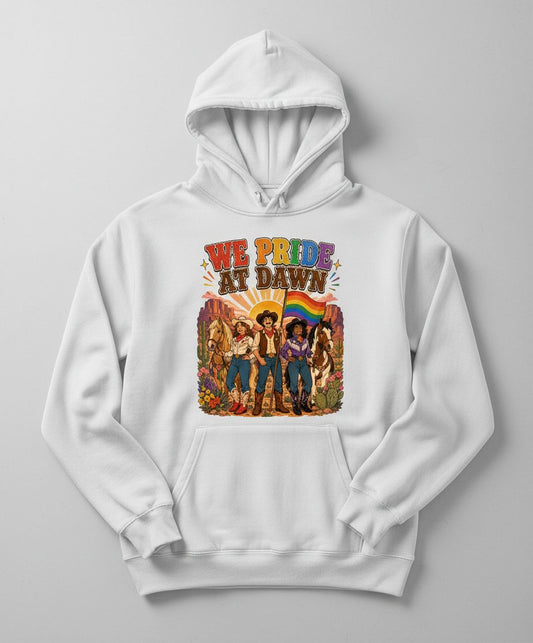 We Pride at Dawn Retro Lgbtq Hoodie - product mockup - White