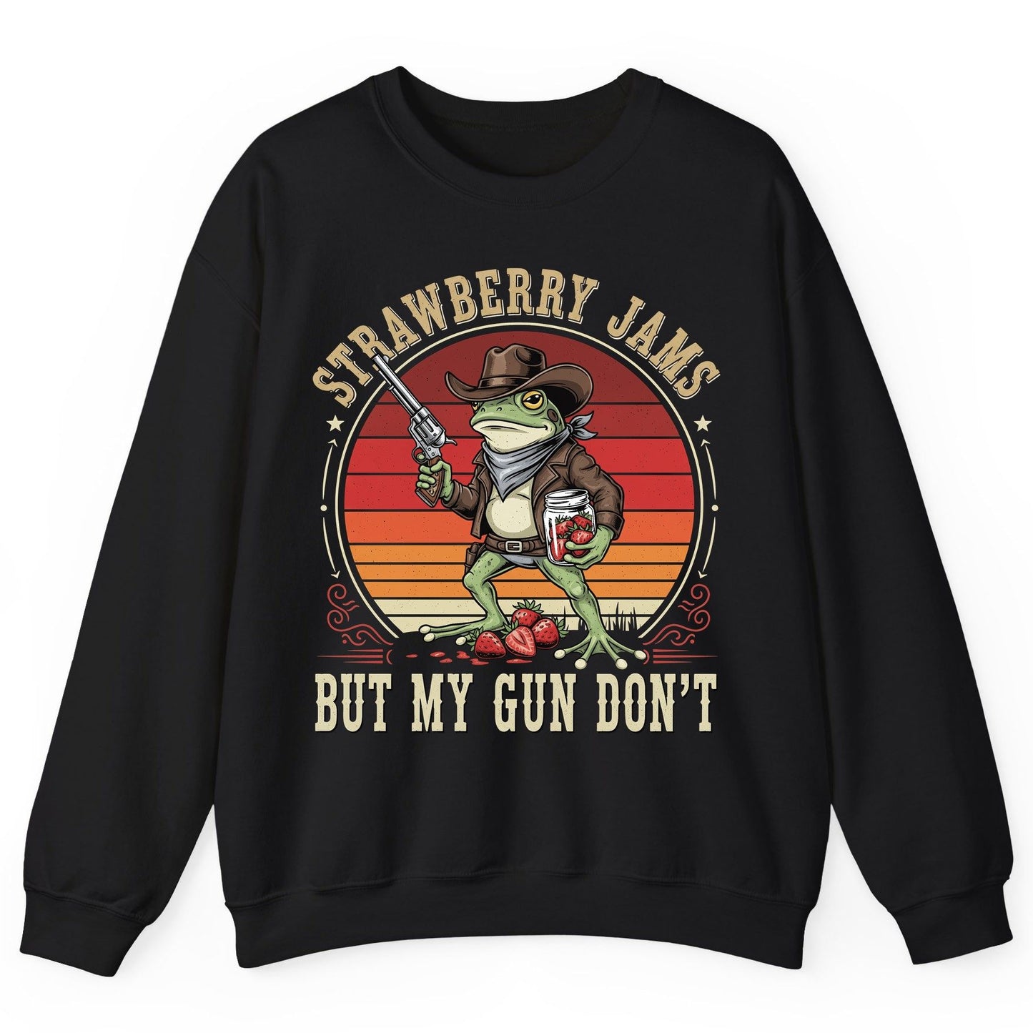 Strawberry Jams but My Gun Don't cowboy frog Sweatshirt Black product mockup
