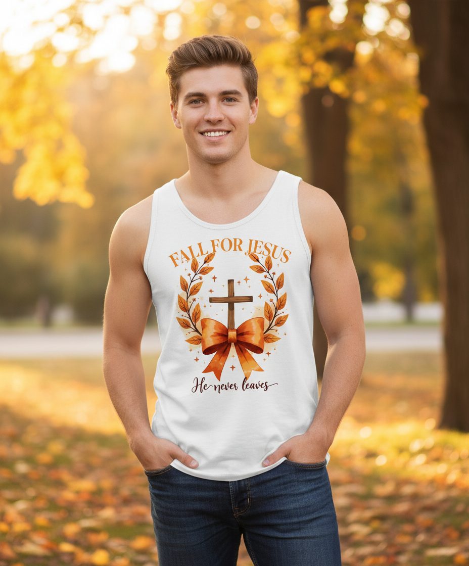 Fall for Jesus He Never Leaves christian faith Tank Top White lifestyle mockup
